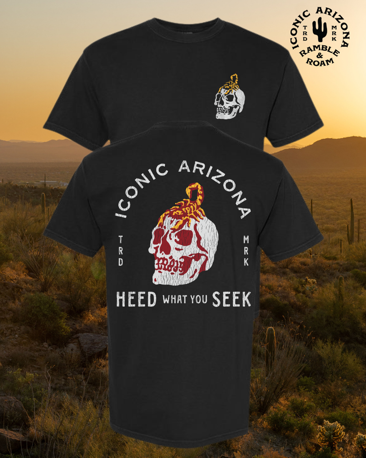Front and back of the black Heed What You Seek Unisex Tee with a skull and scorpion, over a desert sunset